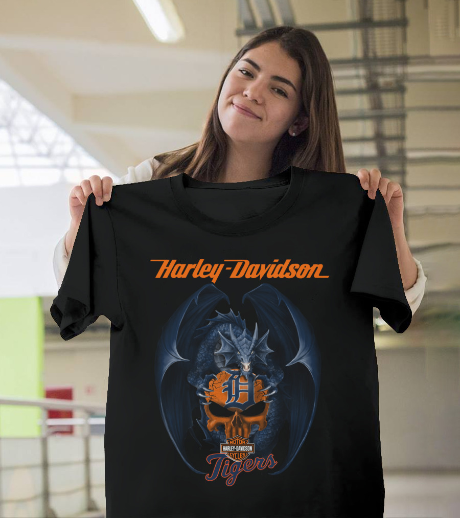 Harley Davidson Detroit Tigers Dragon Motor Cycles T-Shirt
