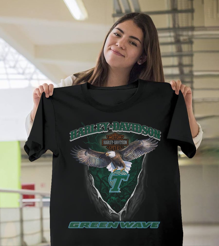 Harley Davidson Tulane Green Wave Eagle Logo Motorcycle Cycle T-Shirt