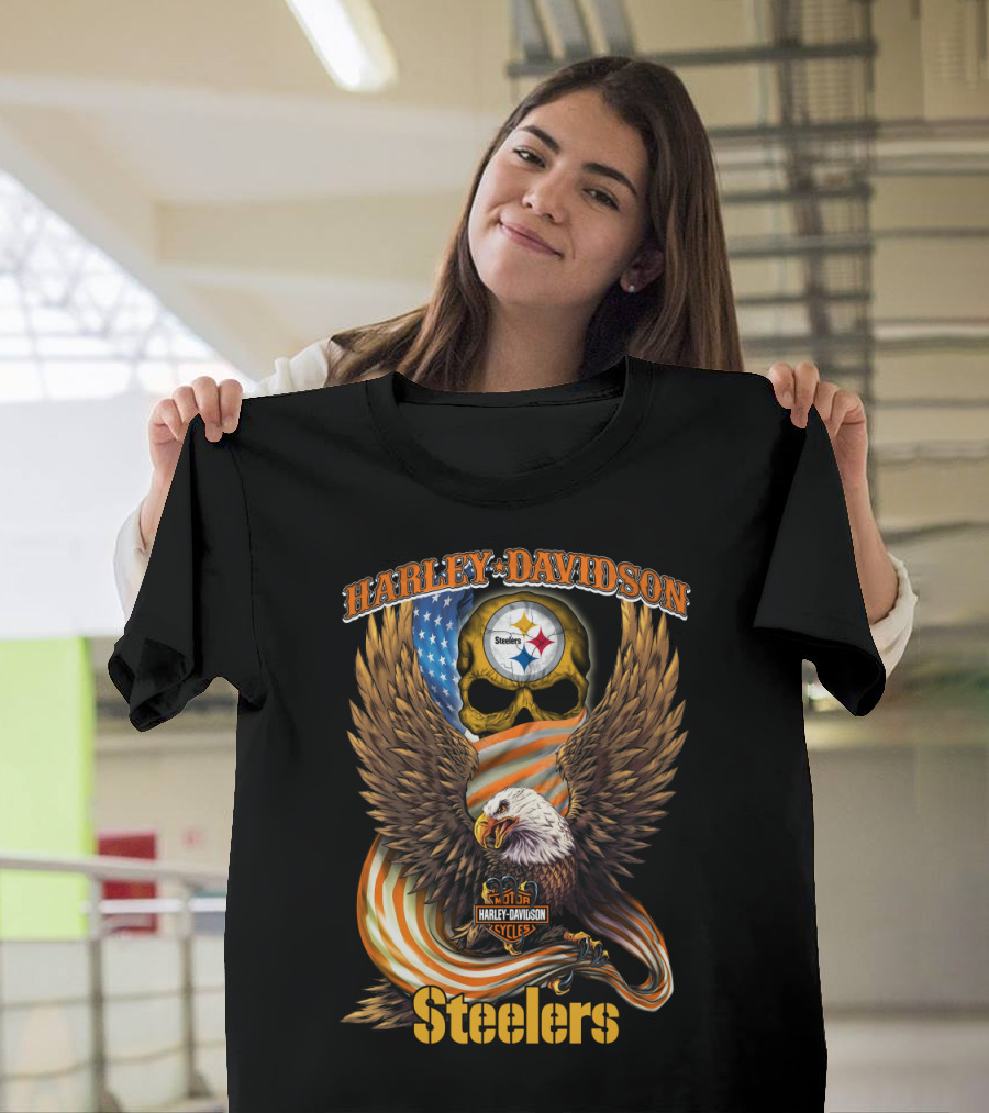 Harley Davidson Steelers Skull Eagle American Flag Pittsburgh Nfl T-Shirt