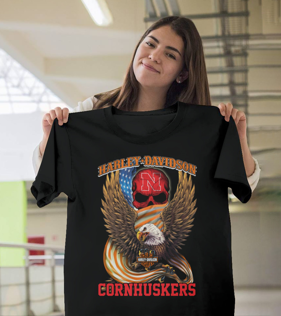 Harley Davidson Cornhuskers Nebraska Skull American Flag Eagle T-Shirt