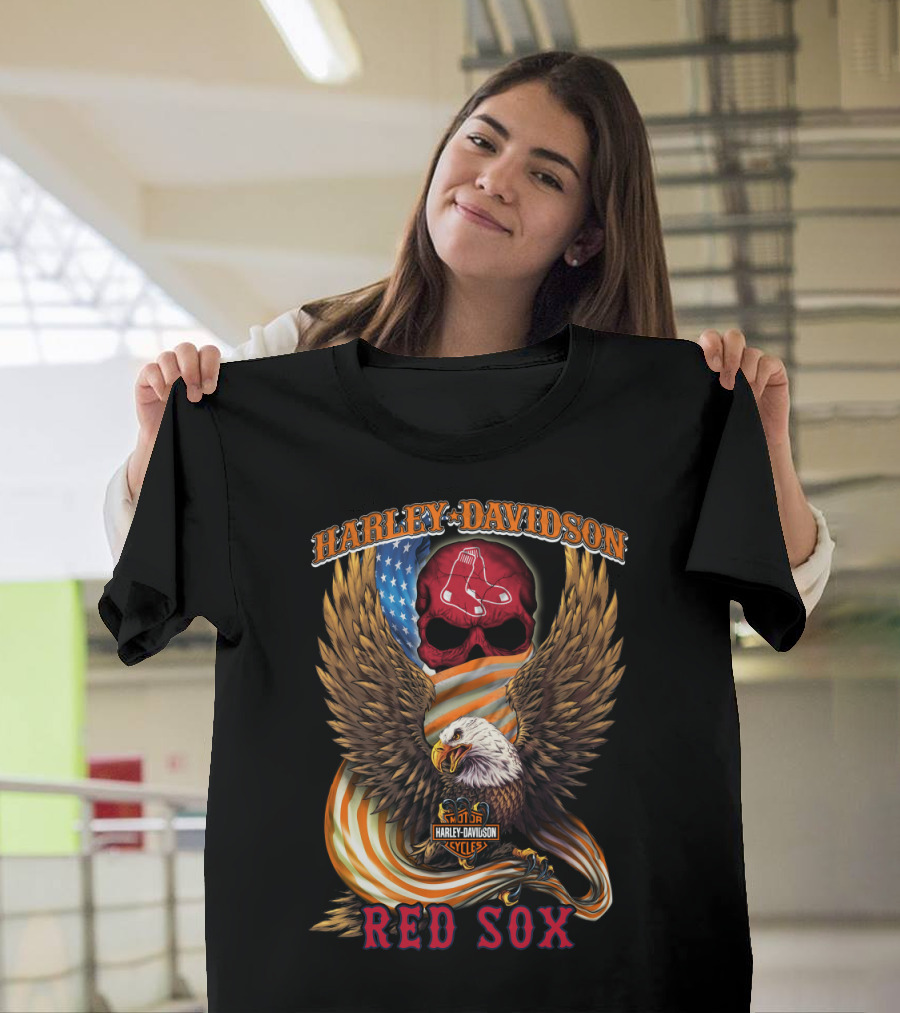 Harley Davidson Boston Red Sox Eagle Skull American Flag Cycles T-Shirt