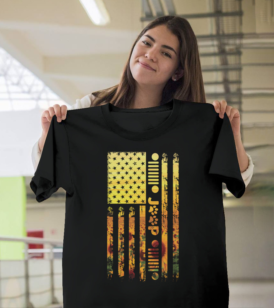 USA Flag Sunflower Paws Jeep Icon T-Shirt