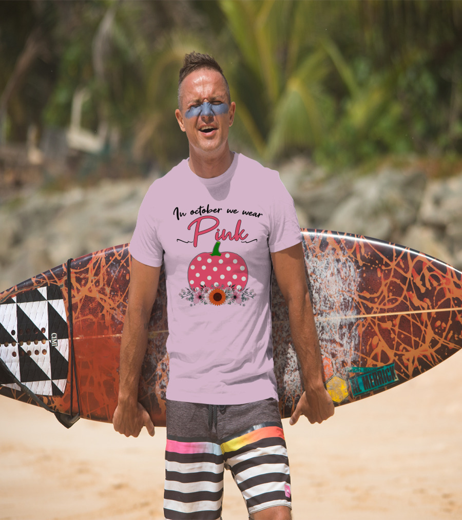 In October We Wear Pink Polka Dot Pumpkin With Flowers Breast Cancer Awareness T-Shirt