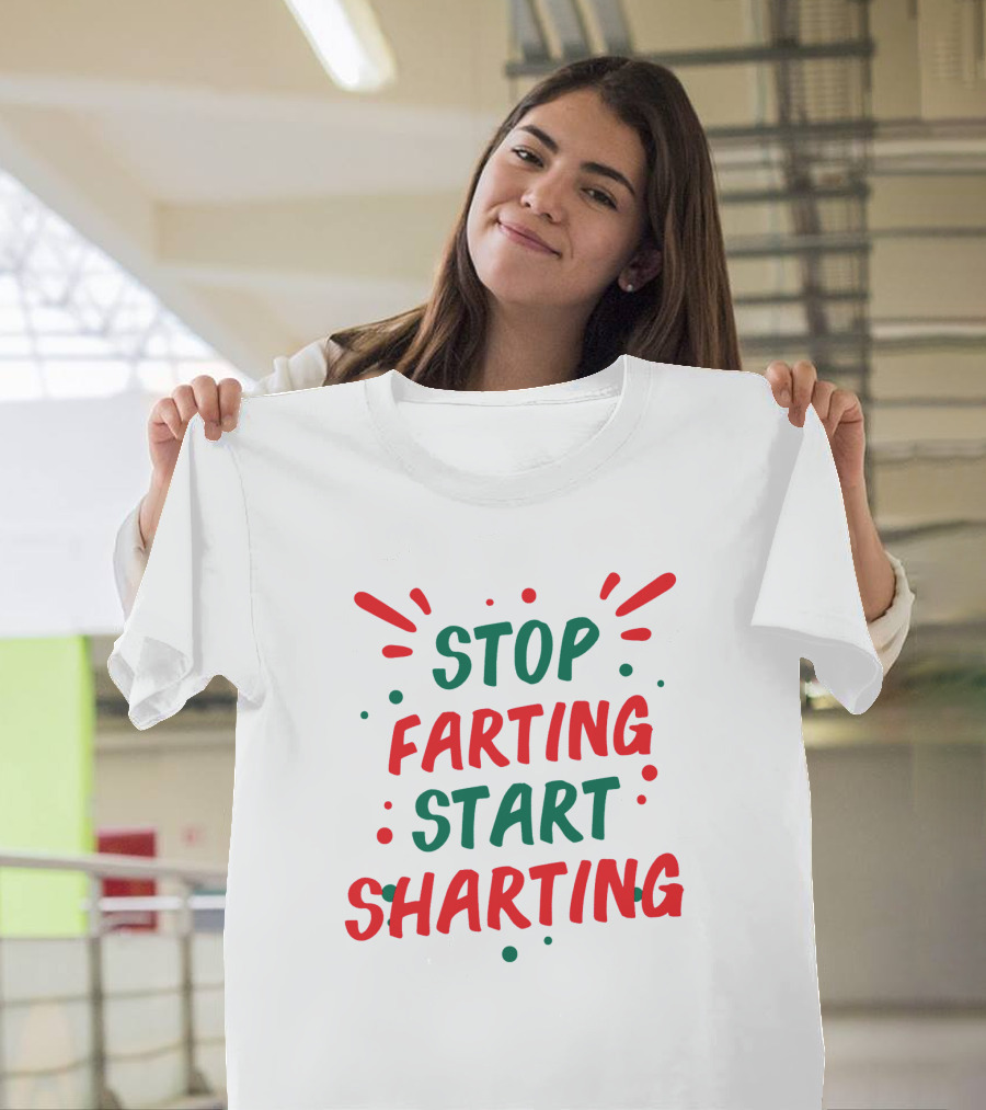 Stop Farting Start Sharting Comic Style Typography in Red and Green T-Shirt