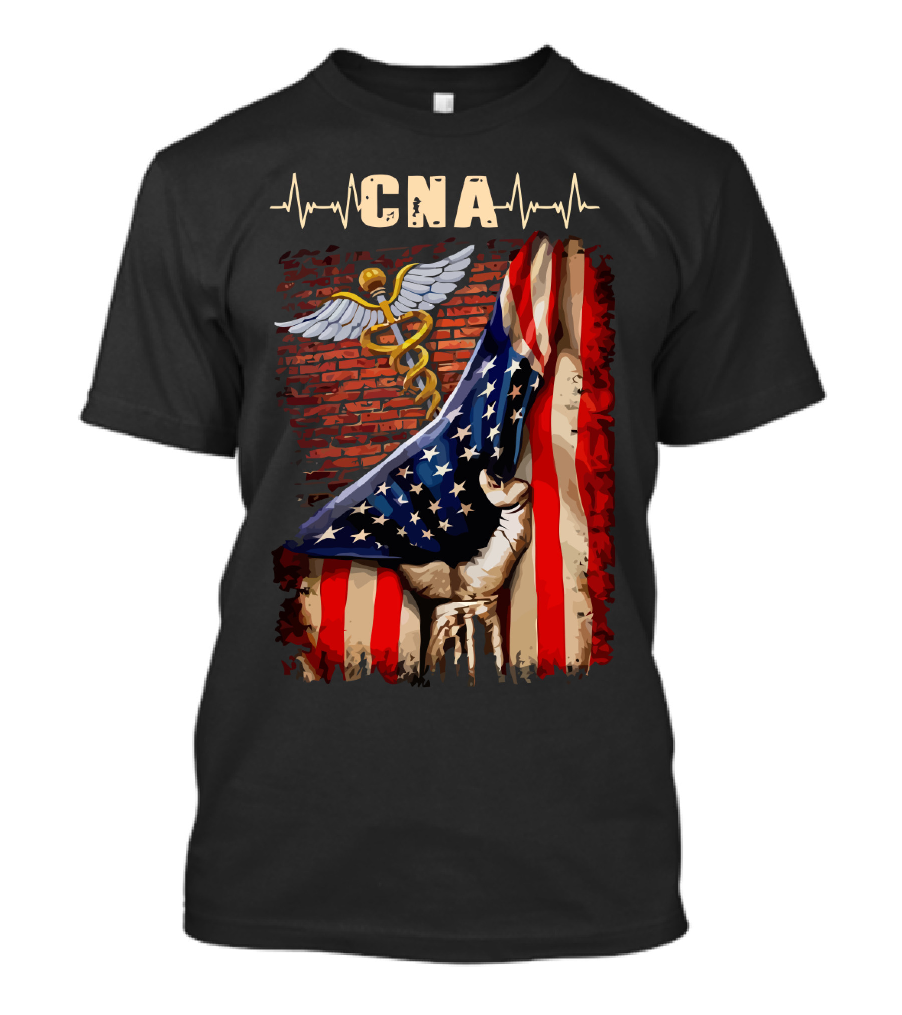 CNA Nurse American Flag Caduceus Symbol With Heartbeat T-Shirt