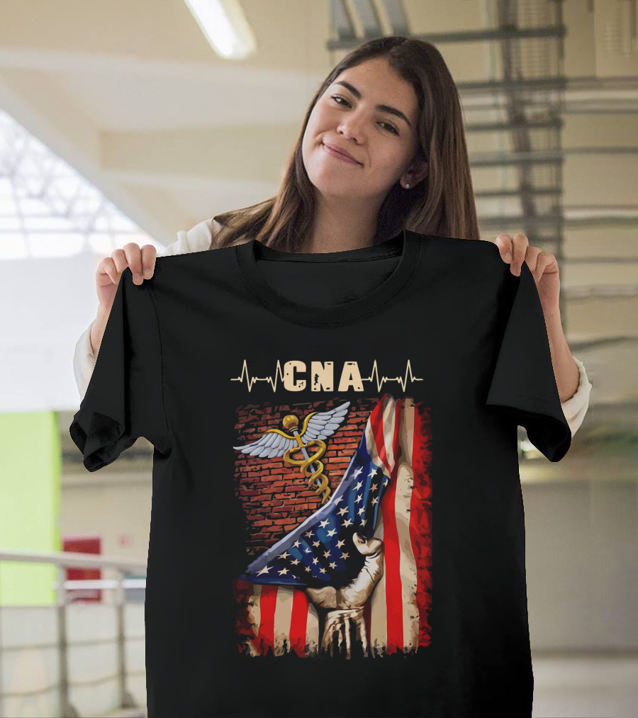 CNA Nurse American Flag Caduceus Symbol With Heartbeat T-Shirt