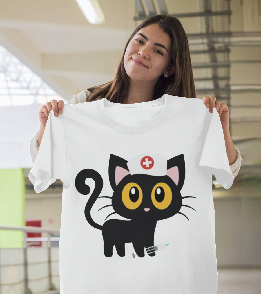 Cat Nurse Cute Black Cat with Syringe and Nurse Hat T-Shirt