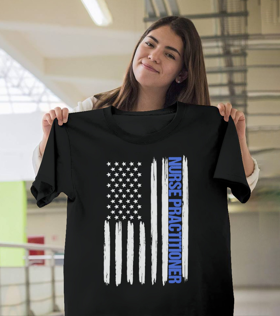 Nurse Practitioner Blue Line Distressed American Flag T-Shirt