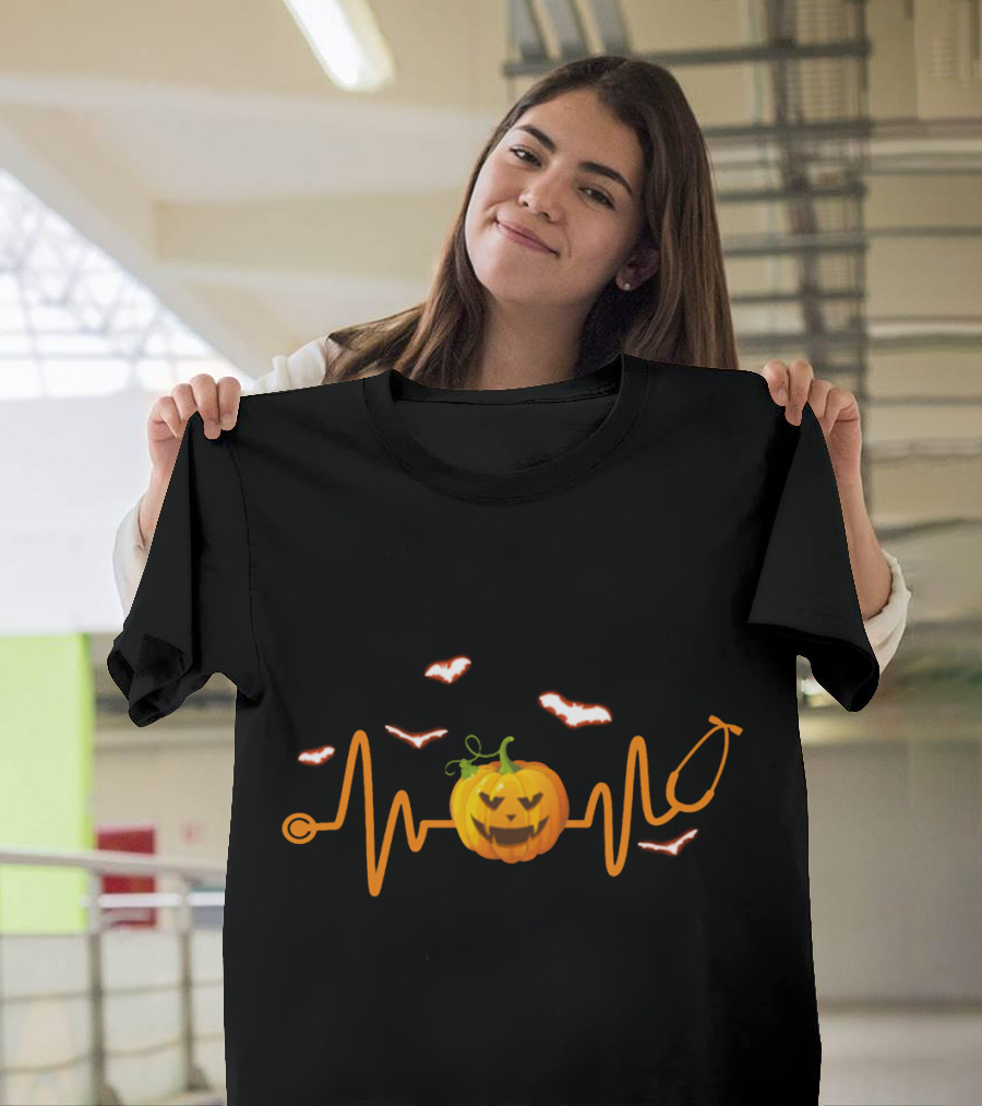 Stethoscope Pumpkin Bat Halloween Funny Nurse T-Shirt
