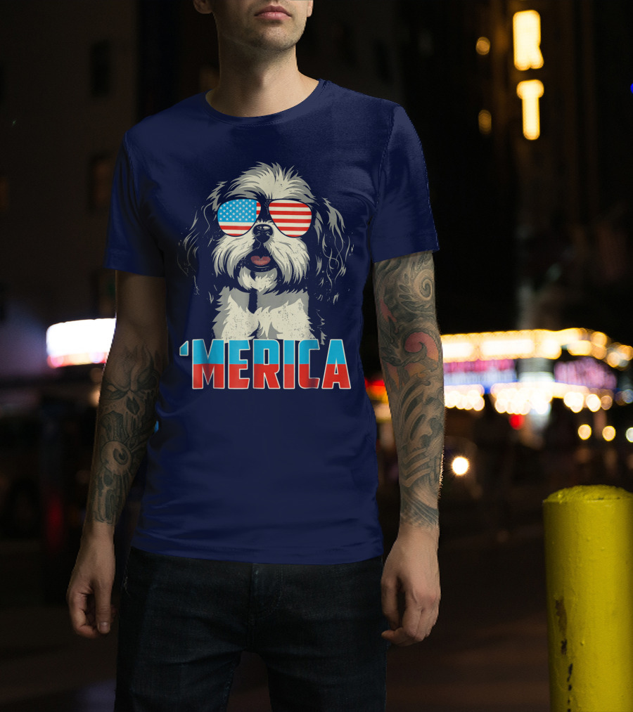 Patriotic Shih Tzu 'Merica With American Flag Sunglasses T-Shirt