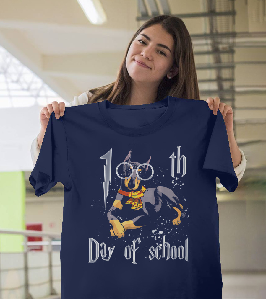 100th Day of School Doberman Dog with Glasses and Scarf T-Shirt