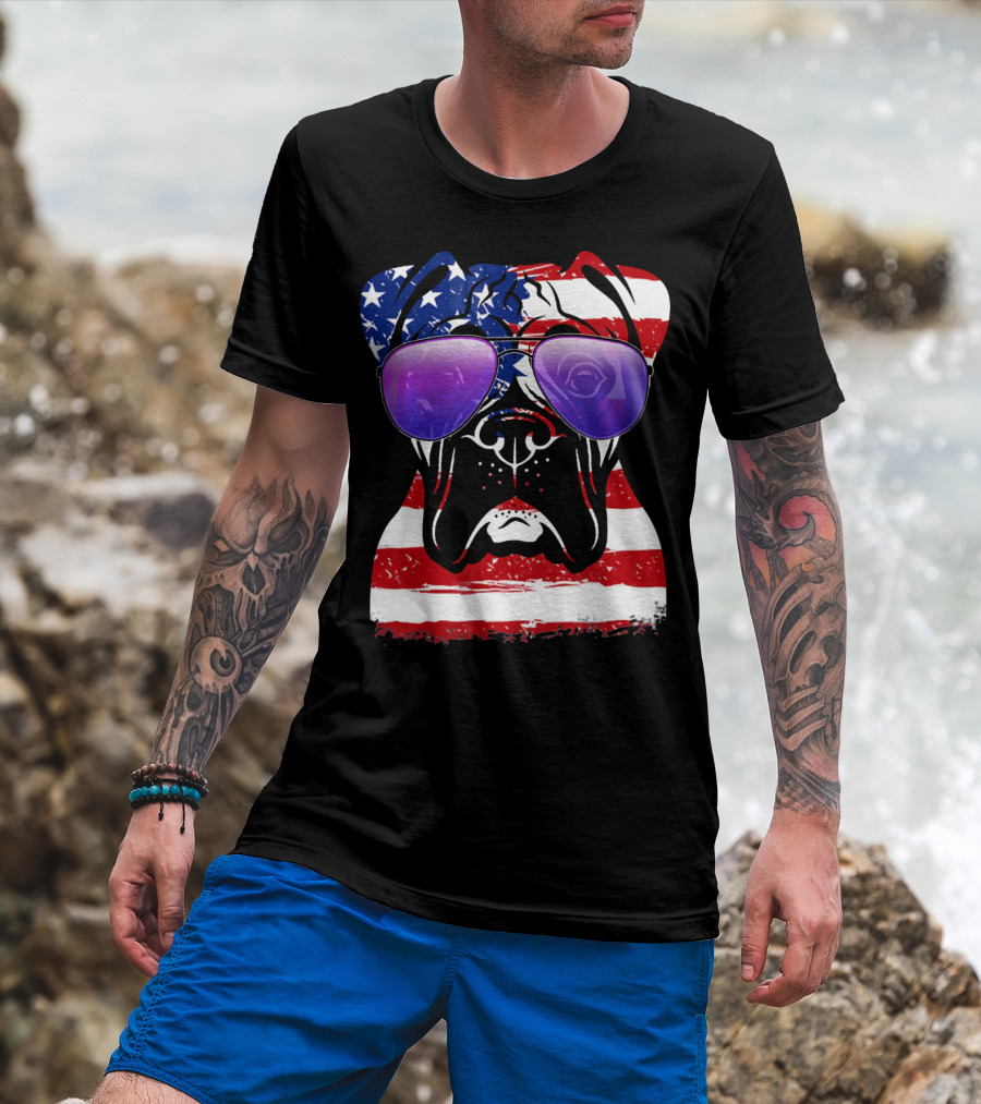Boxer Dog With American Flag Sunglasses Patriotic T-Shirt