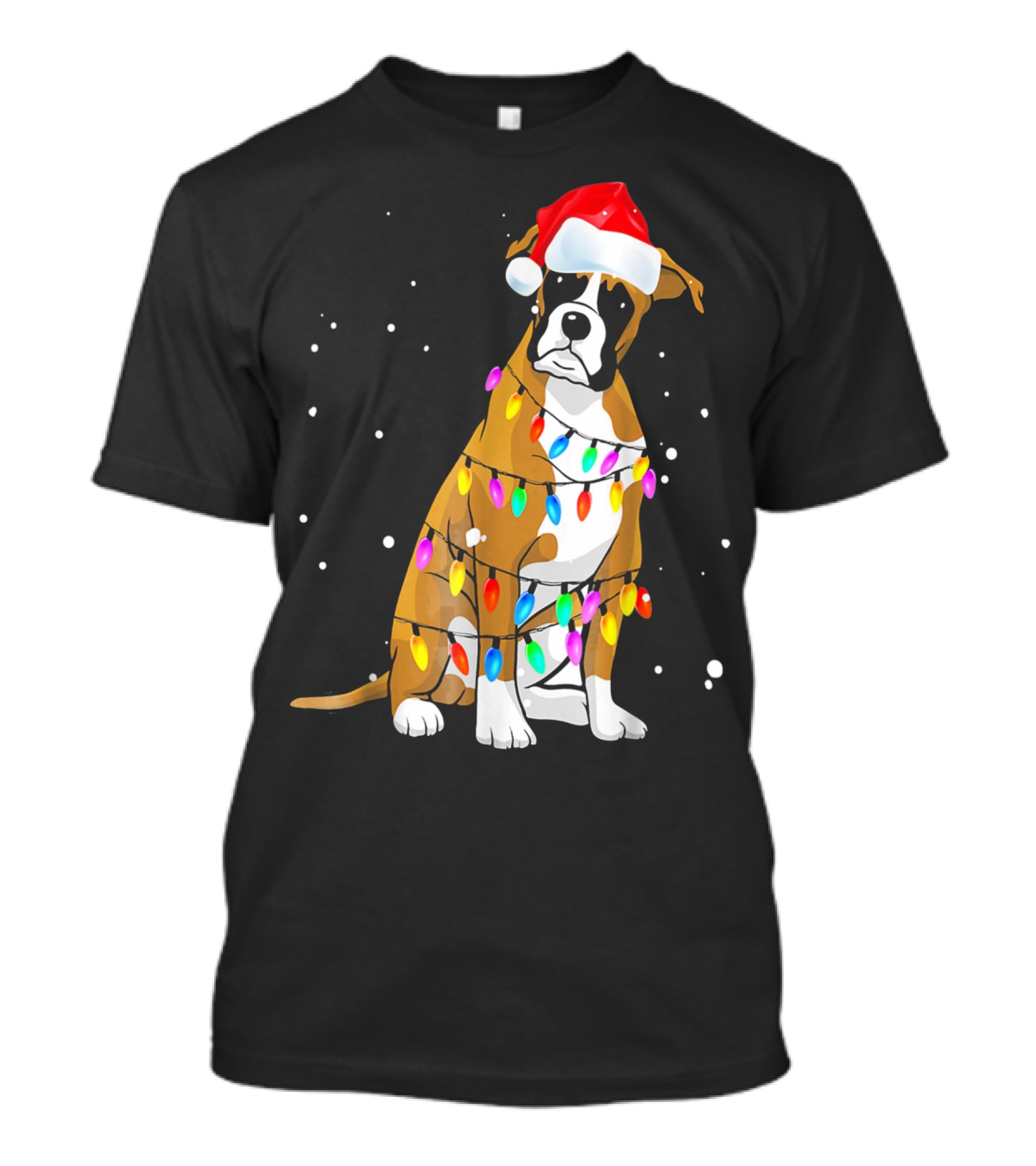 Boxer Dog Wrapped In Christmas Lights With Santa Hat T-Shirt