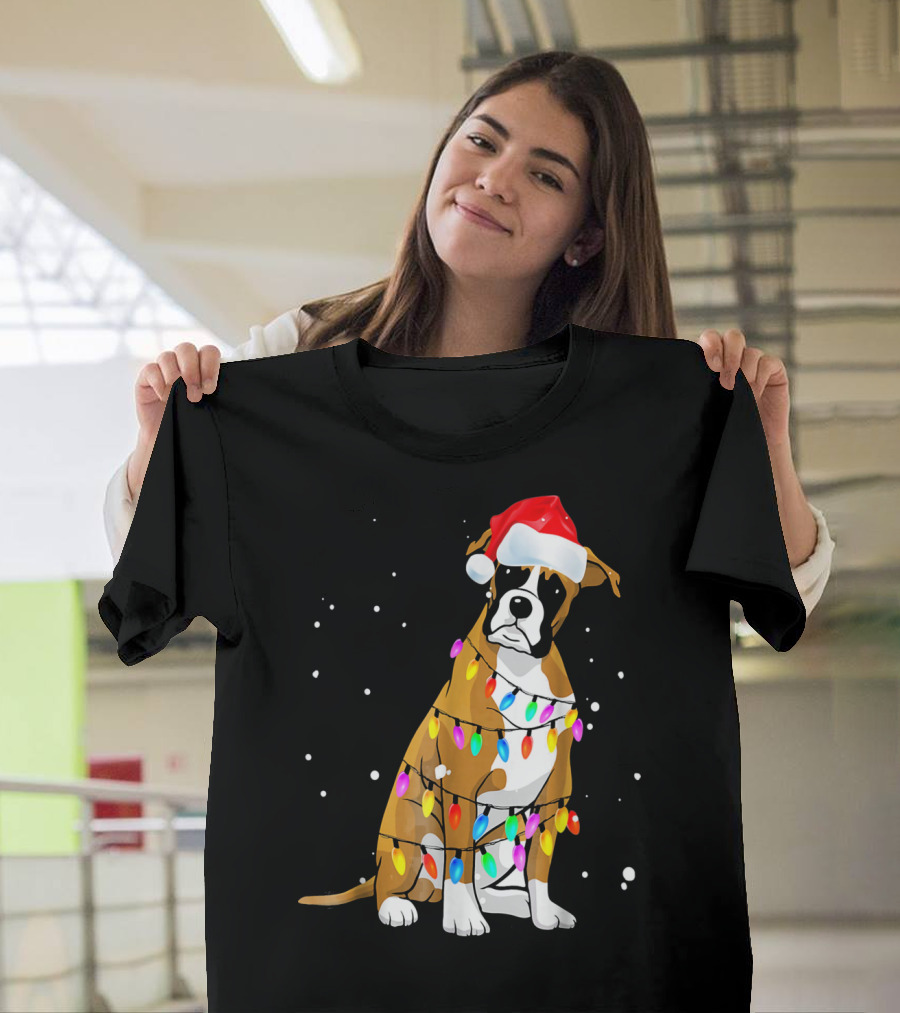 Boxer Dog Wrapped In Christmas Lights With Santa Hat T-Shirt