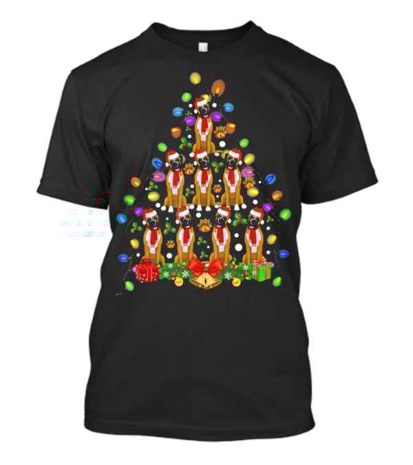 Boxer Dogs In Christmas Tree With Lights And Santa Hats T-Shirt