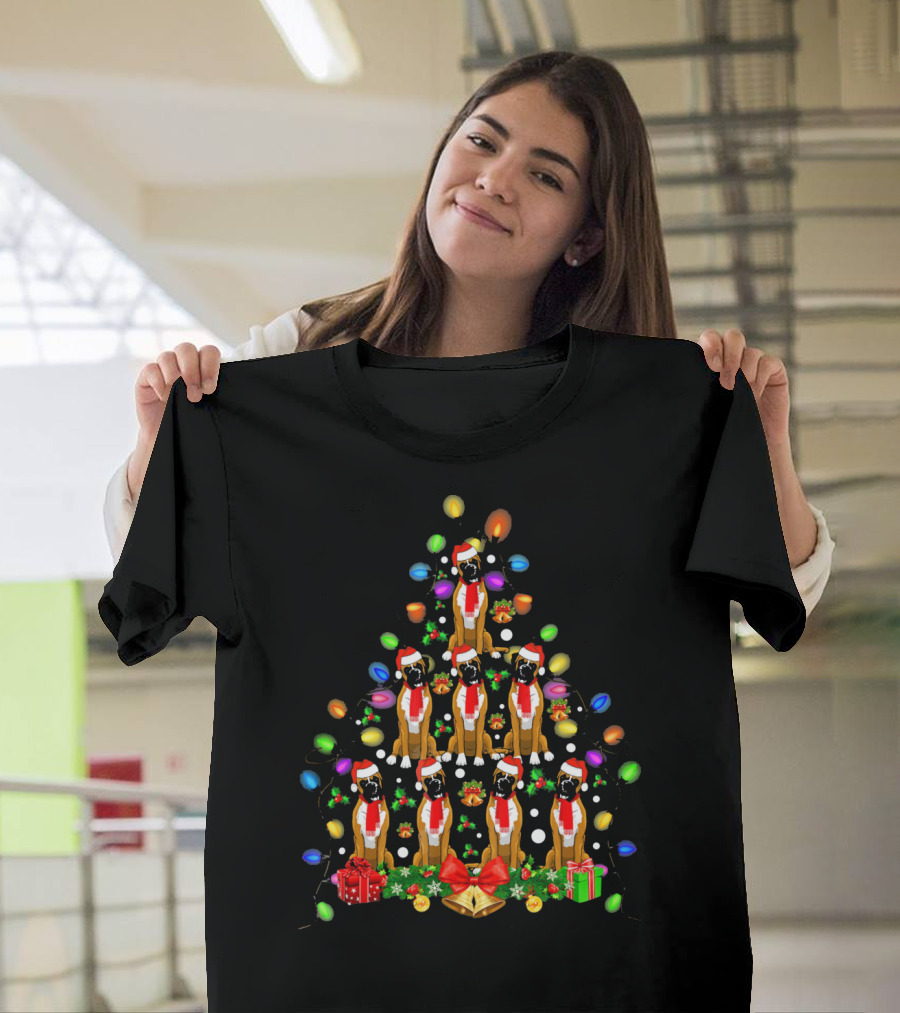 Boxer Dogs In Christmas Tree With Lights And Santa Hats T-Shirt