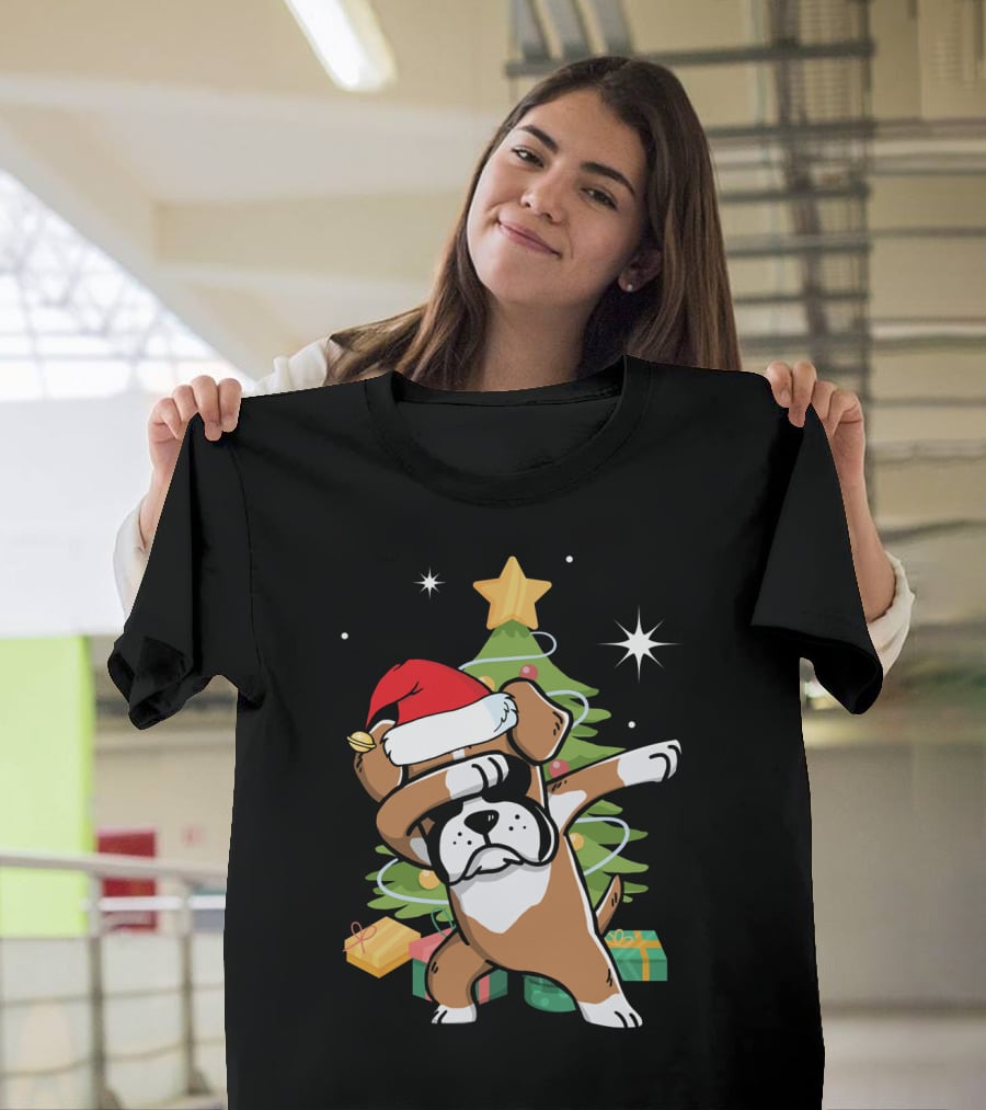 Christmas Boxer Dog Dabbing In Front Of Tree With Gifts T-Shirt