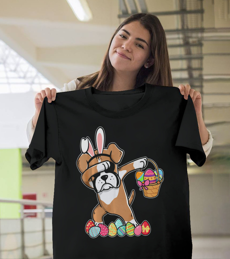 Boxer Dabbing As Easter Bunny With Basket And Eggs T-Shirt