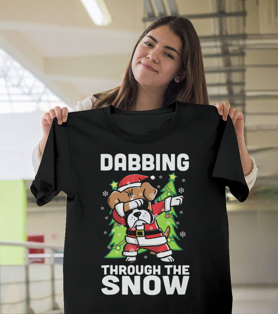 Dabbing Through The Snow Boxer Dog Santa Christmas Snowflakes Pine Trees T-Shirt