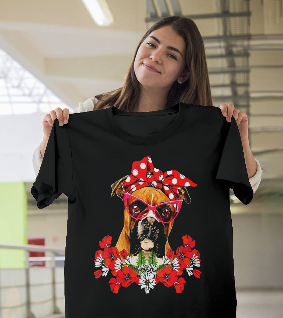 Boxer Dog Moms Red Polka Dot Bow Mixed Flower Arrangement T-Shirt
