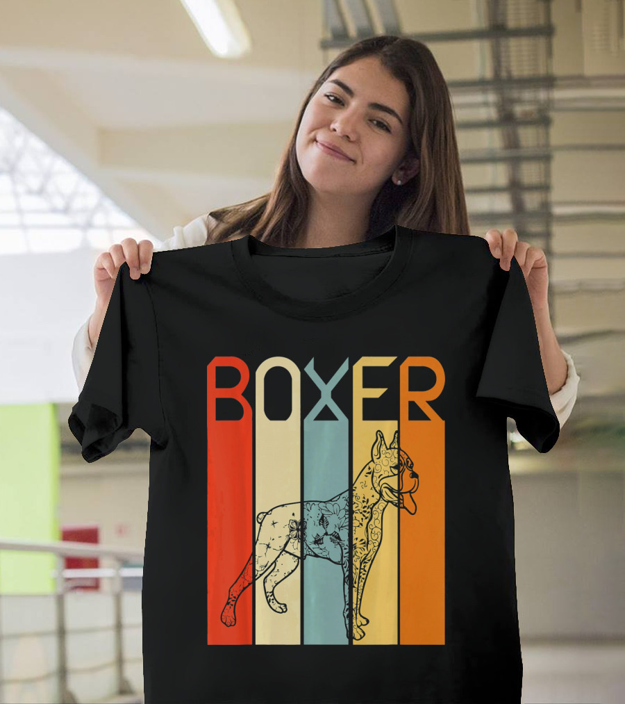 Boxer Dog Retro Stripes Outline T-Shirt