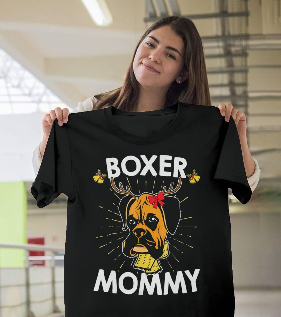 Boxer Mommy Reindeer Antlers Christmas Lights Bow Scarf Dog T-Shirt
