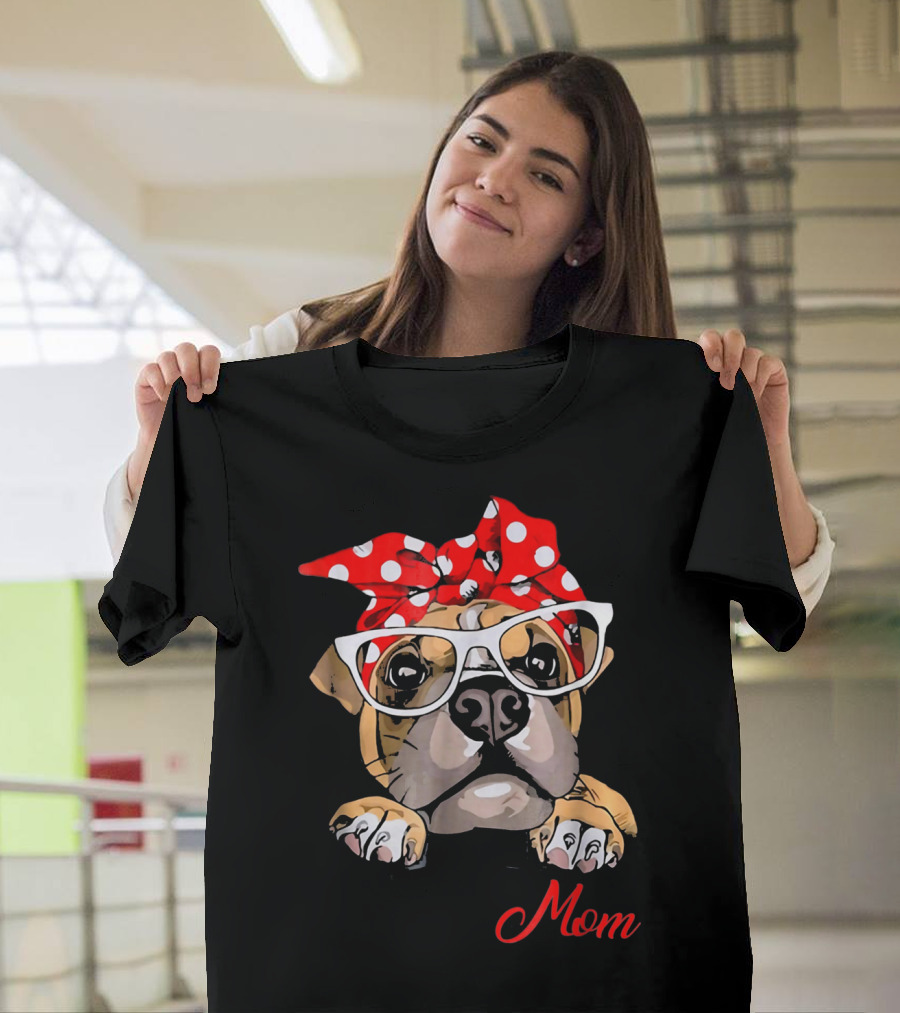 Boxer Mom Dog With Polka Dot Headband And Glasses T-Shirt