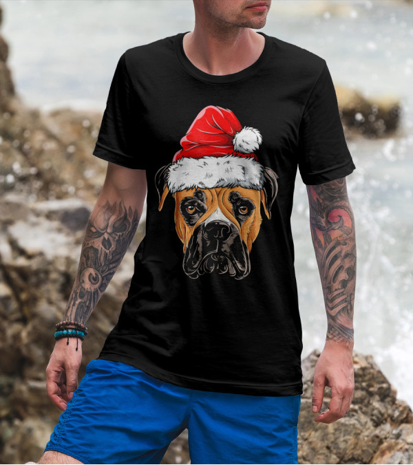 Boxer Dog Wearing Santa Hat T-Shirt