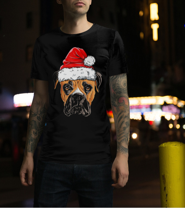 Boxer Dog Wearing Santa Hat T-Shirt