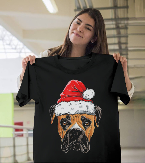 Boxer Dog Wearing Santa Hat T-Shirt