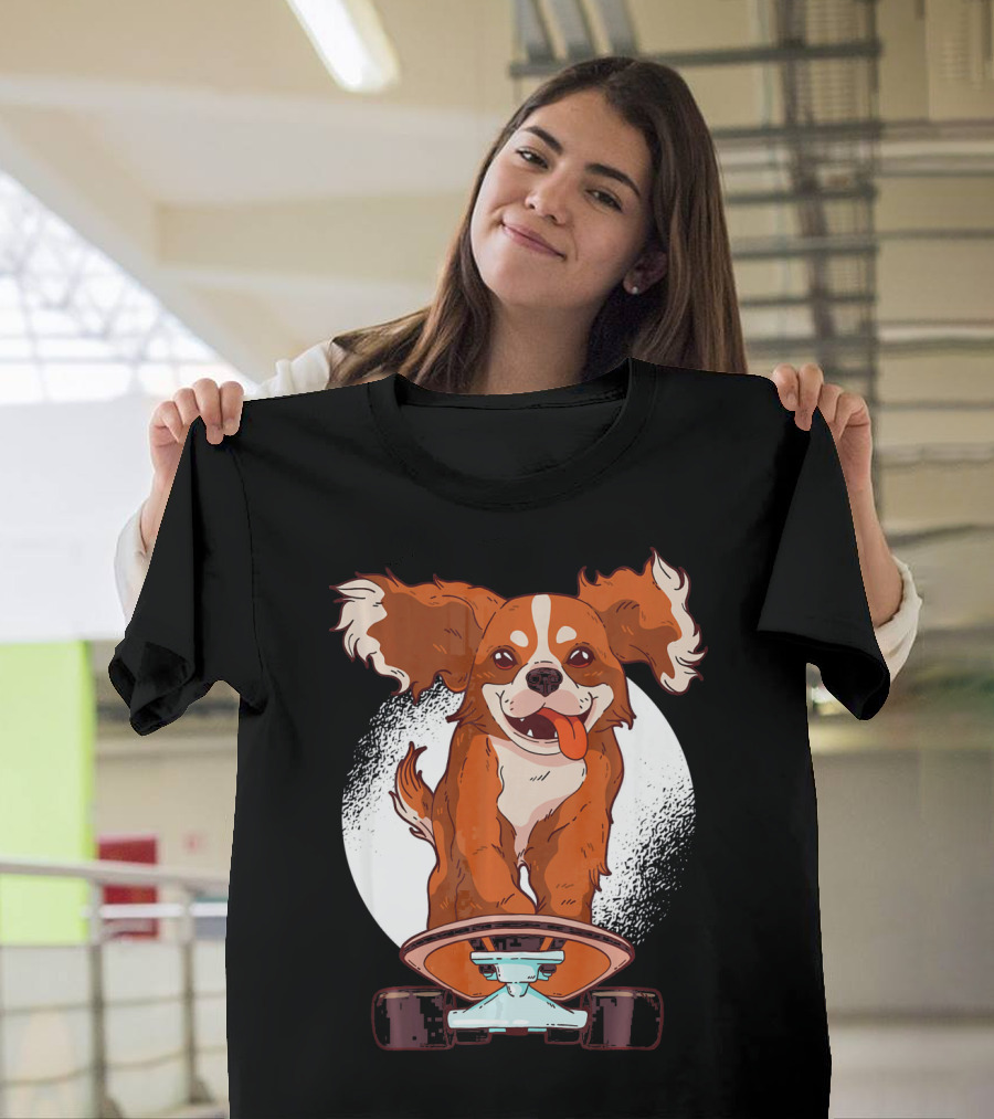 Cavalier Dog On Skateboard With Happy Expression And Energetic Pose T-Shirt