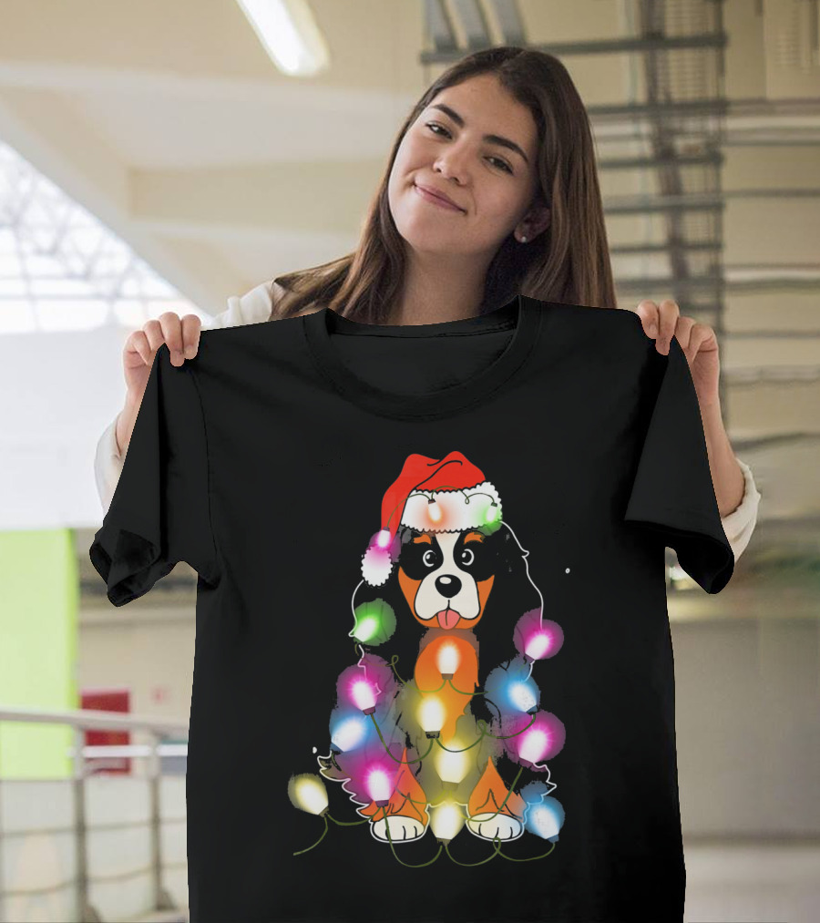Cavalier King Charles Spaniel Festive Christmas Lights with Santa Hat T-Shirt