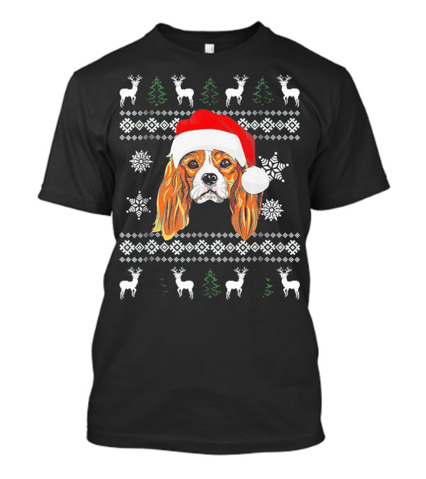 Cavalier King Charles Spaniel Christmas Santa Hat Reindeer Snowflakes Ugly T-Shirt
