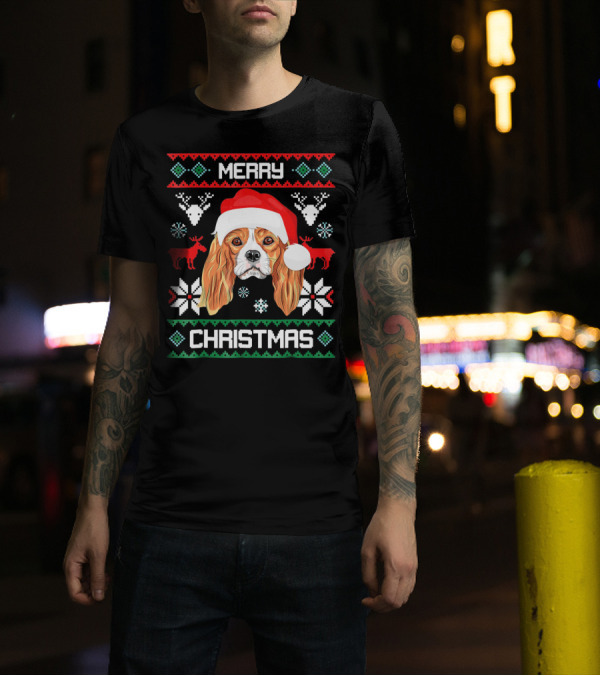 Merry Christmas Cavalier King Charles Spaniel Ugly Sweater Santa Hat T-Shirt