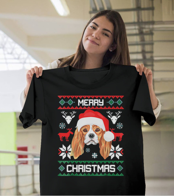 Merry Christmas Cavalier King Charles Spaniel Ugly Sweater Santa Hat T-Shirt