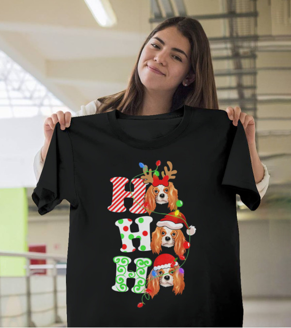 Cavalier King Charles Spaniel Santa Ho Ho Christmas Lights T-Shirt