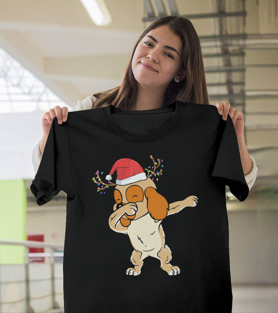 Christmas Cocker Spaniel Dabbing Reindeer Antlers Santa Hat T-Shirt