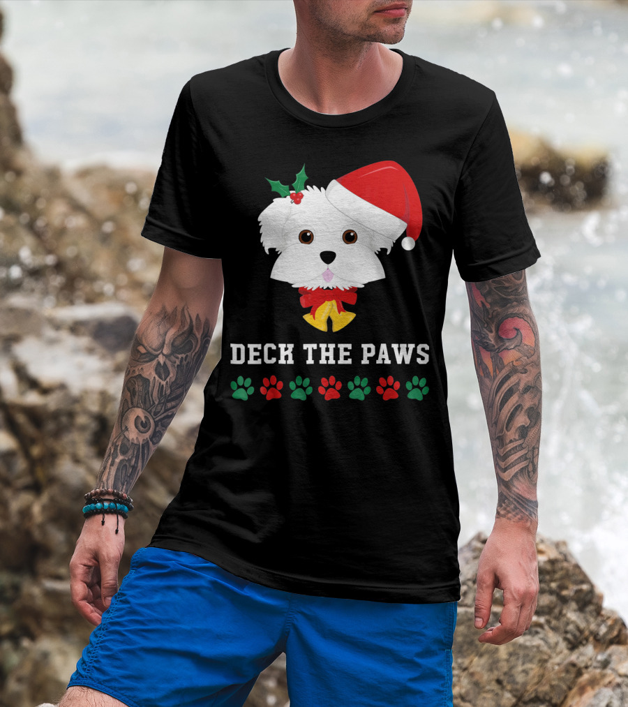 Deck The Paws Christmas Dog Maltese Santa Hat Paw Prints T-Shirt