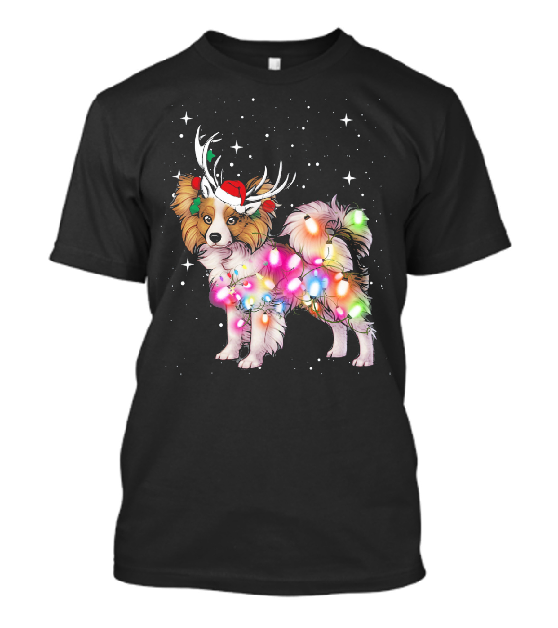 Papillon With Christmas Lights And Santa Antlers T-Shirt