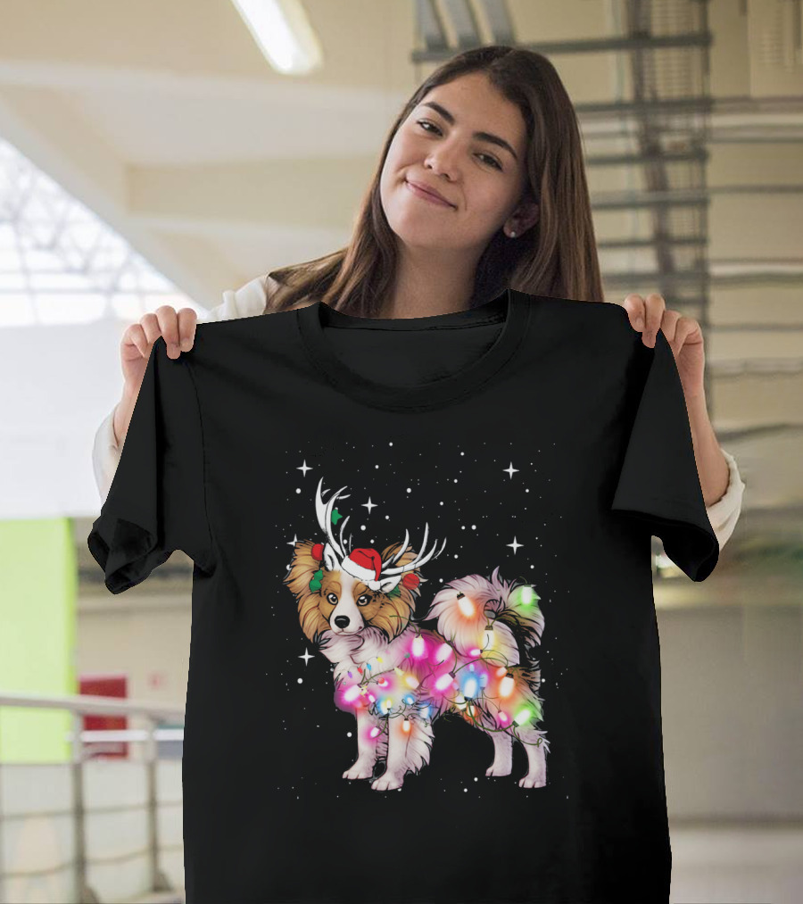 Papillon with Christmas Lights and Santa Antlers T-Shirt