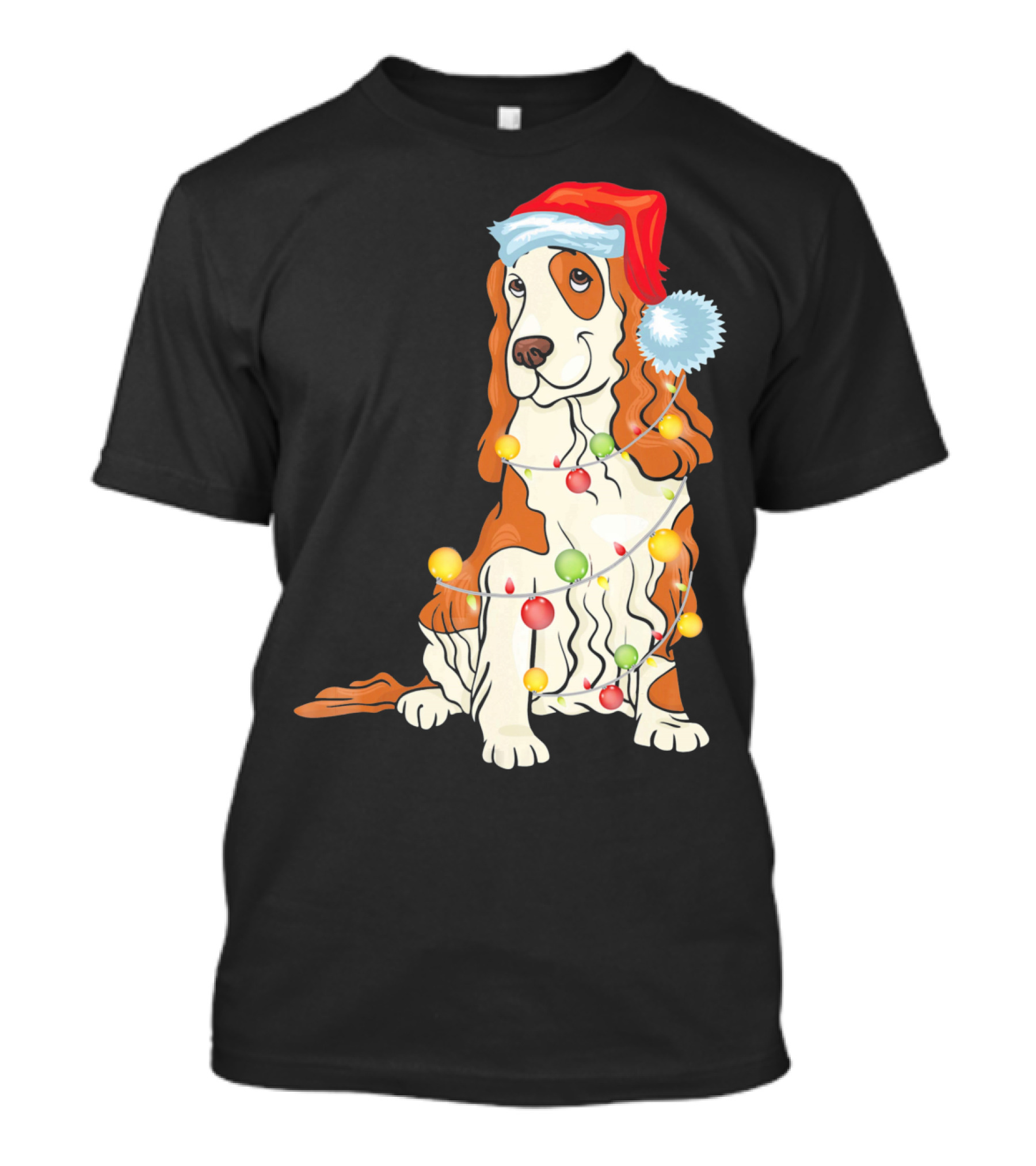 Cocker Spaniel Wearing Santa Hat With Colorful Christmas Lights T-Shirt