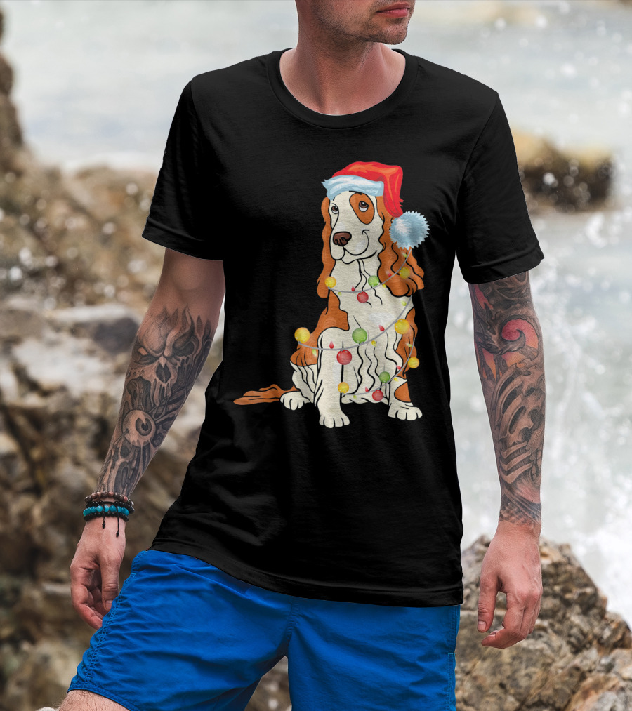 Cocker Spaniel Wearing Santa Hat With Colorful Christmas Lights T-Shirt