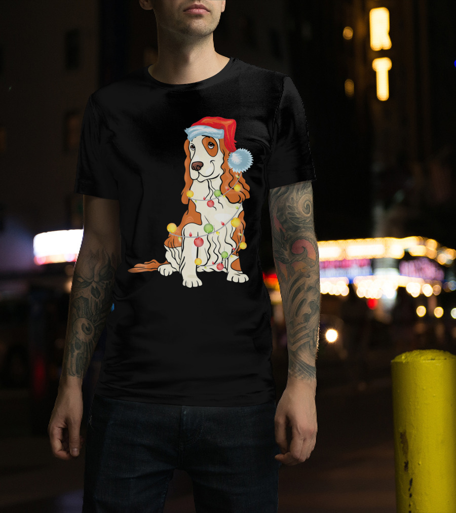 Cocker Spaniel Wearing Santa Hat With Colorful Christmas Lights T-Shirt