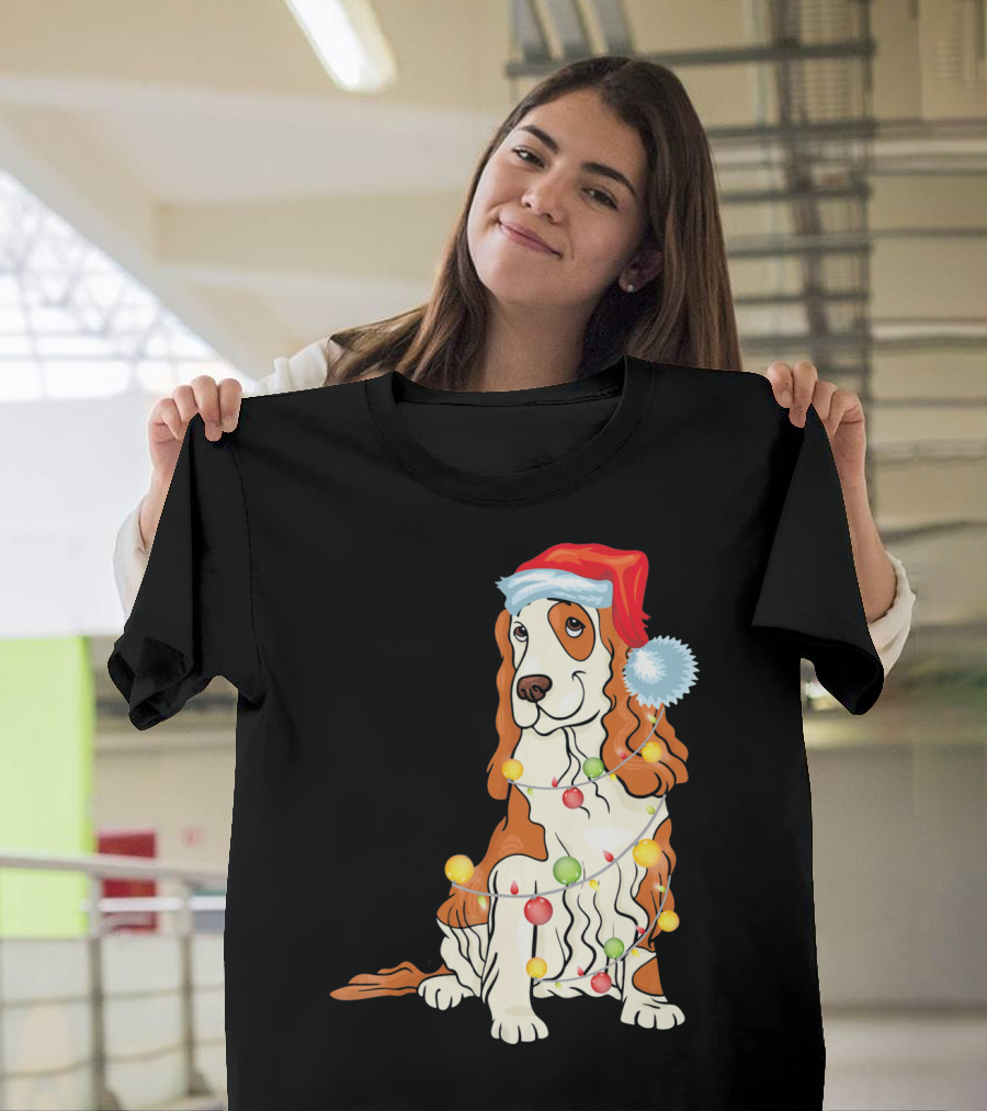 Cocker Spaniel Wearing Santa Hat With Colorful Christmas Lights T-Shirt