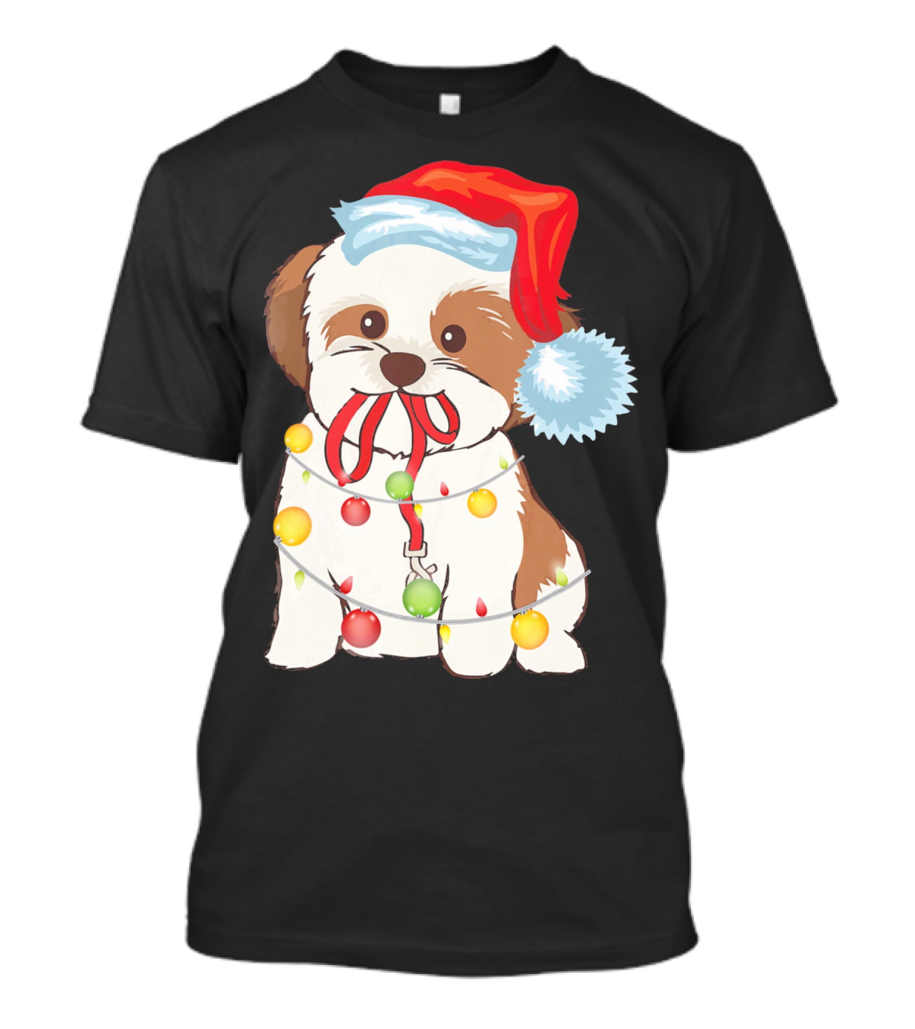 Christmas Lights Shih Tzu With Santa Hat And Festive Ornaments T-Shirt