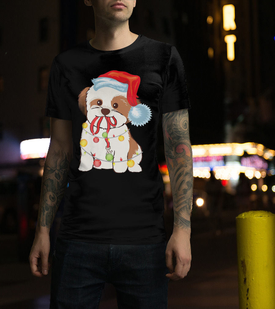 Christmas Lights Shih Tzu With Santa Hat And Festive Ornaments T-Shirt