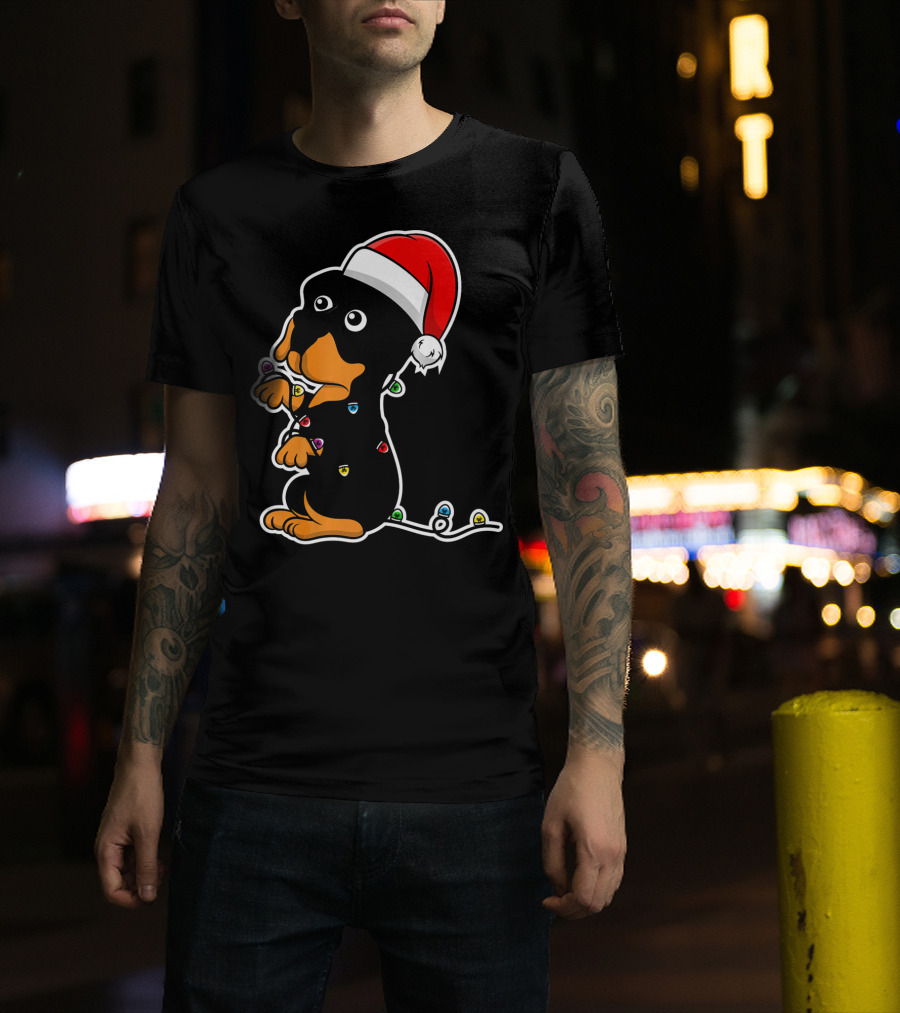 Christmas Rottweiler Puppy Santa Hat Lights T-Shirt