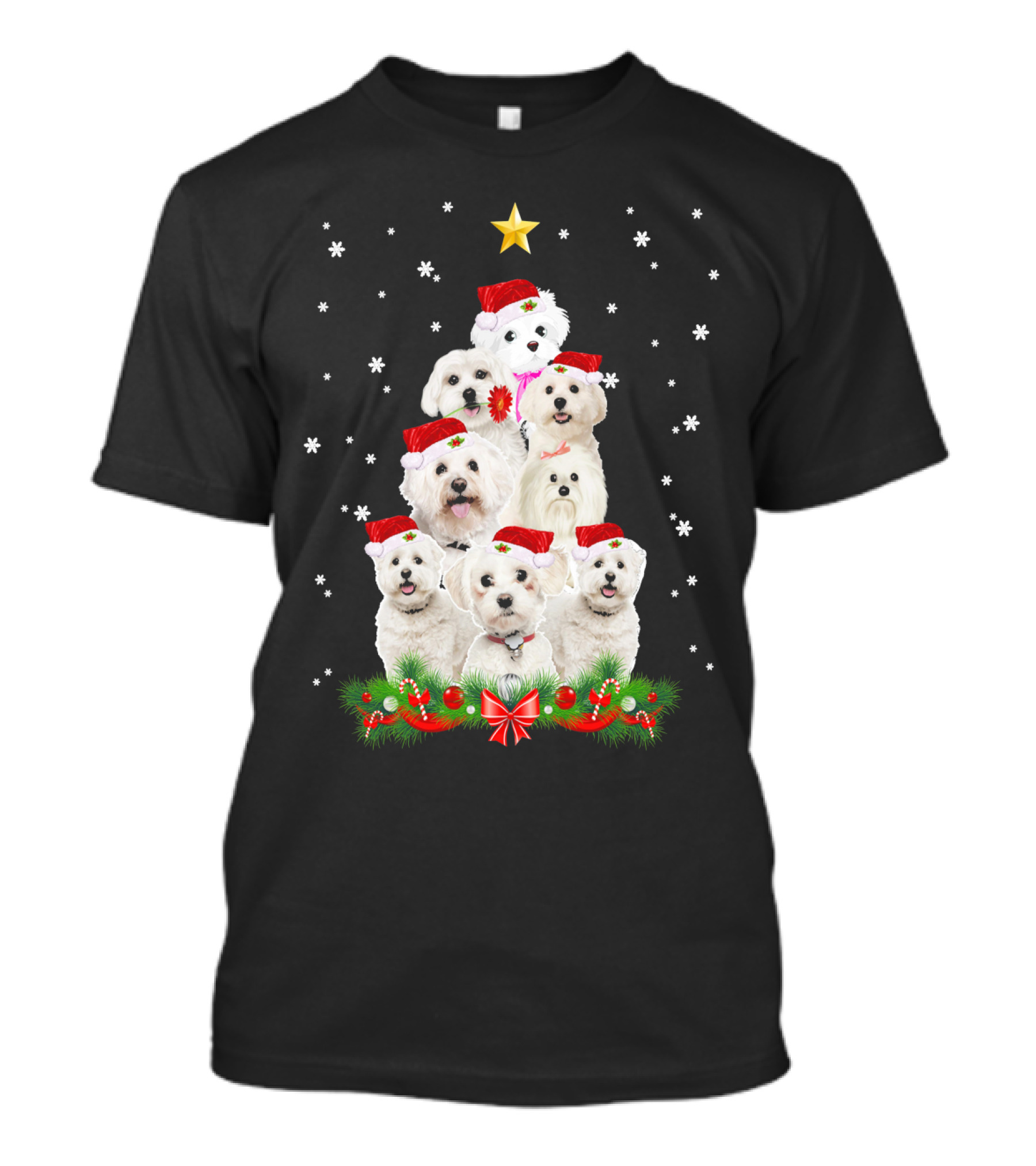 Maltese Dogs Christmas Tree With Santa Hats And Star T-Shirt