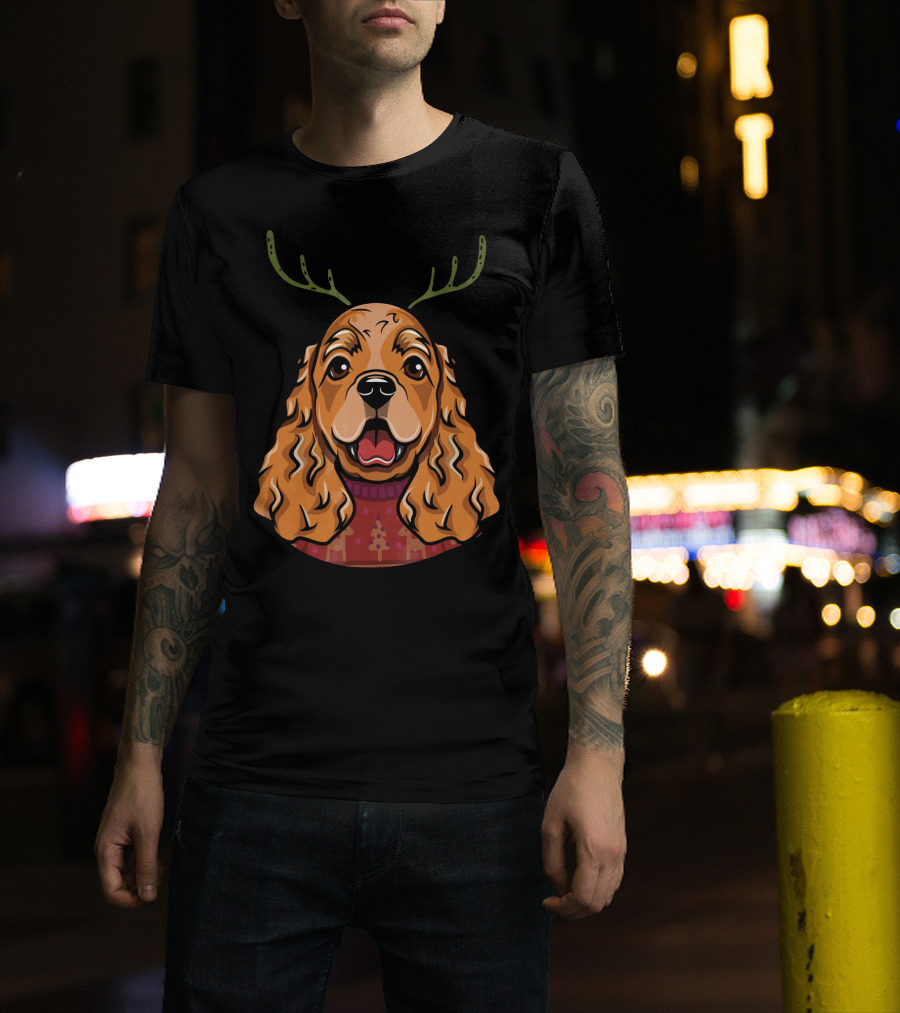 Cocker Spaniel Dog With Reindeer Antlers And Holiday T-Shirt