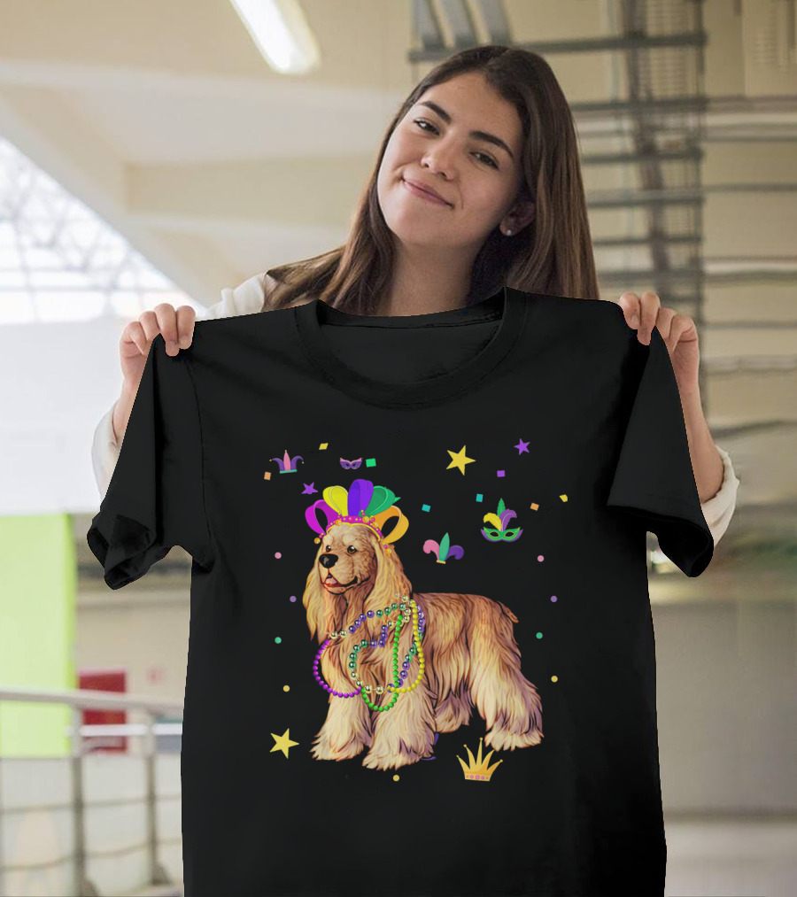 Cocker Spaniel Dog Mardi Gras Party Celebration Beads and Mask T-Shirt